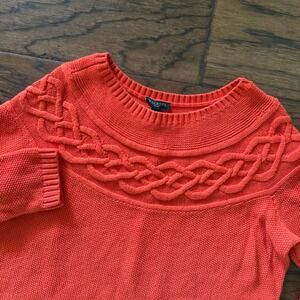 Talbots Sweater Cotton Cashmere Blend Braided Cable Yoke Quiet Luxury Orange MP